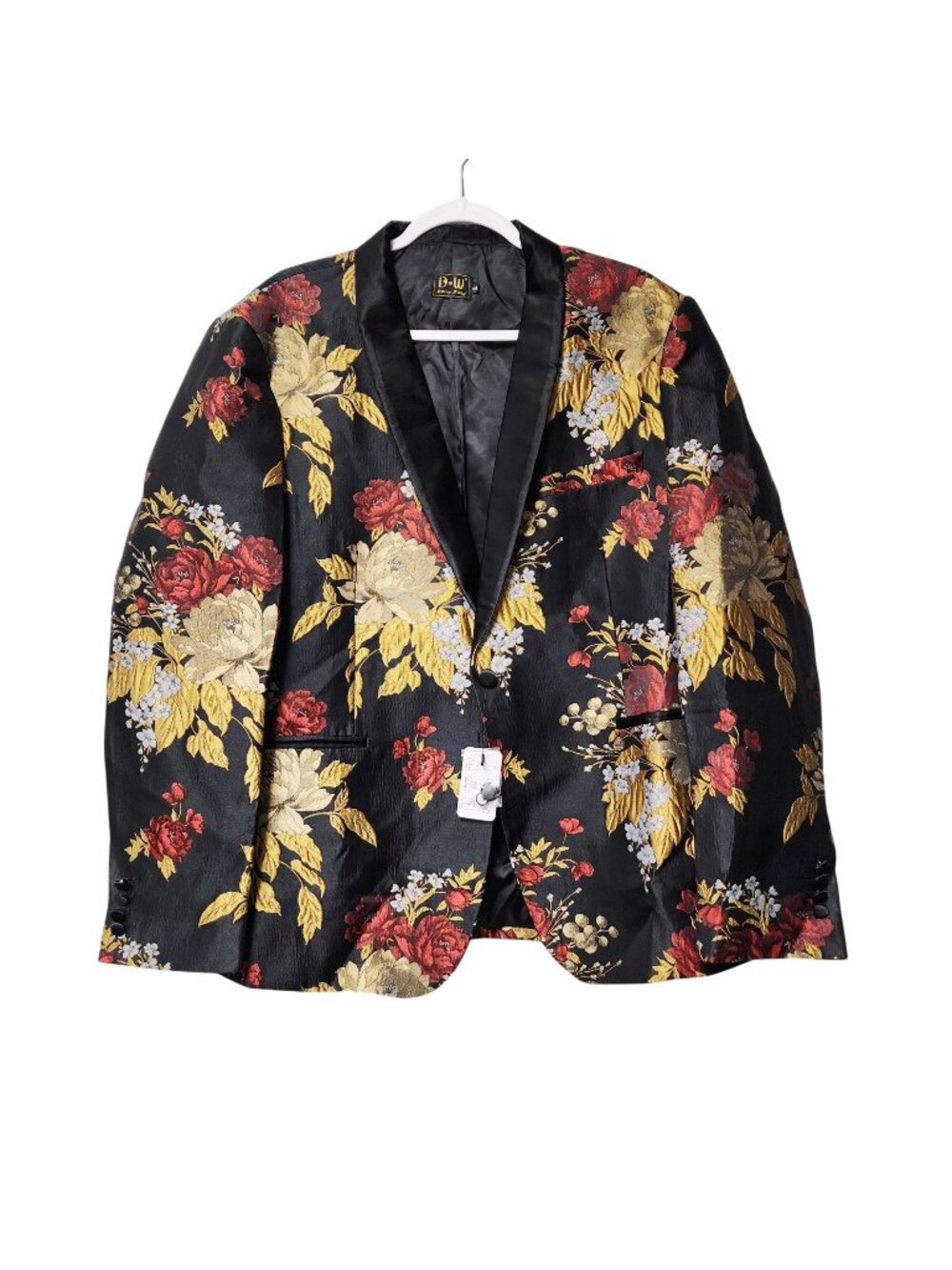 Barry.Wang Mens Floral Print Tuxedo Jacket Blazer Black Red Gold Size XL